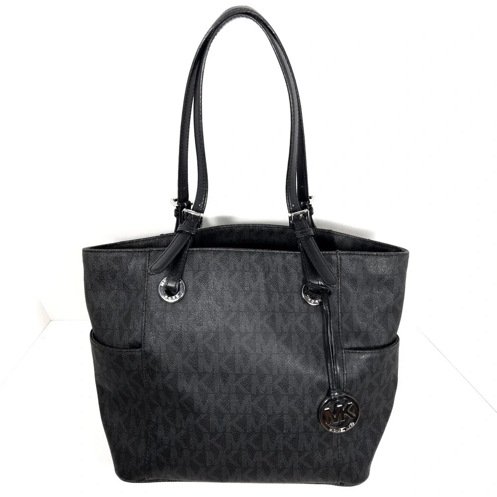 Michael Kors Jet Set EW Signature PVC Finish Leather Logo Tote Bag Black Pebbled